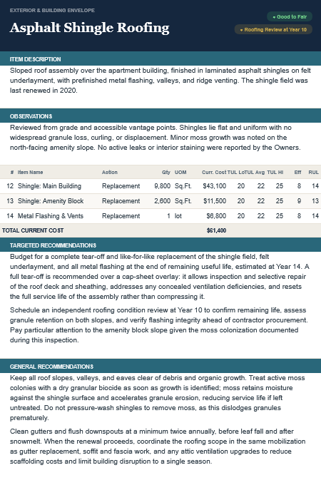Exhibit: Component card from an OurCastle Depreciation Report or Reserve Fund Study, showing a component entry with condition rating, description, observations, and lifecycle data.