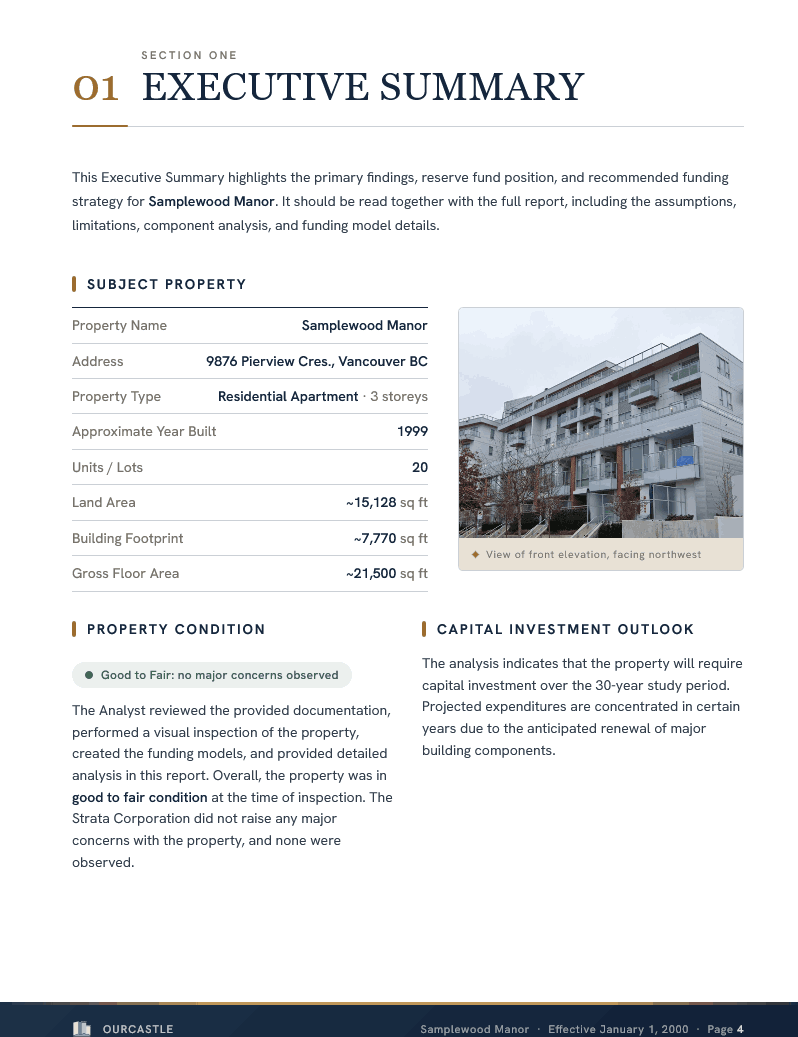 The executive summary page of a depreciation report